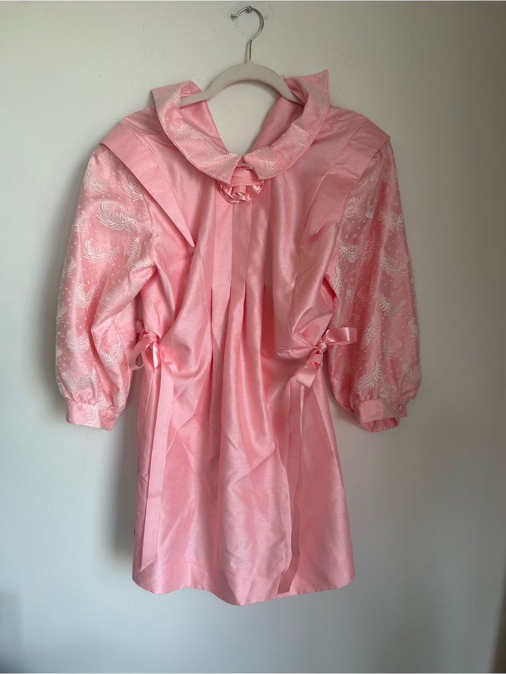 One of a kind handmade Vintage Pink Puff Sleeve mini Dress with Bow Details